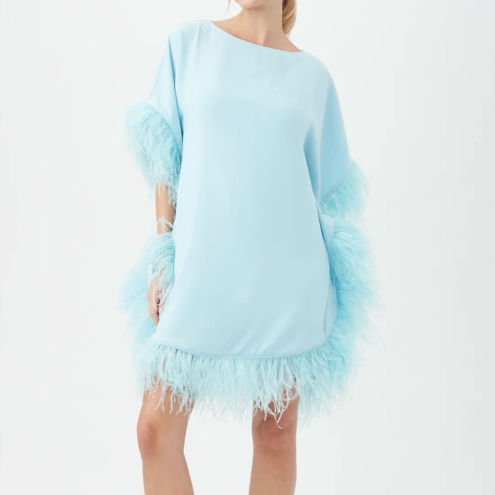 New with Tags - Trina Turk Neena Craftan Light Blue Feather-Trim Mini Dress